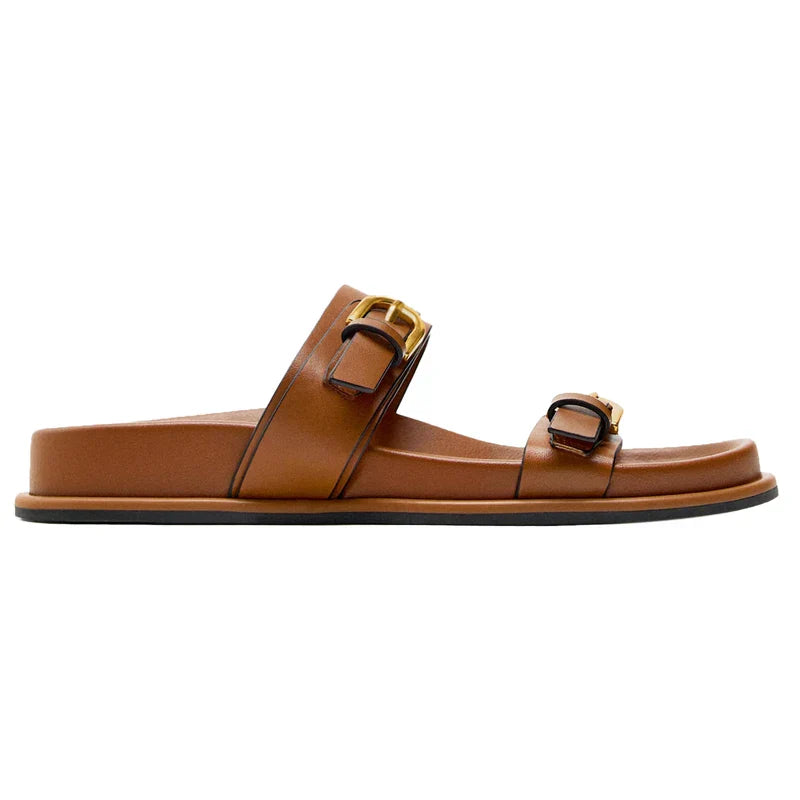 Women's Slide Sandals with Dual Buckle Straps - Open Toe Flat Slide - Gold-Tone Hardware