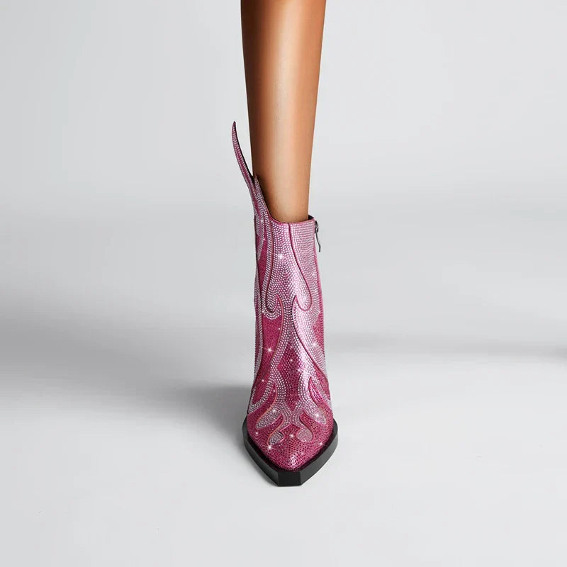 Women's Rhinestone Western Ankle Boots - Pointed Toe Block Heel