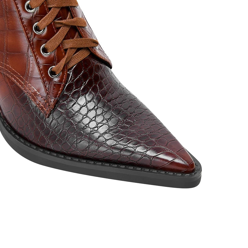 Women’s Faux-Leather Lace-Up Pointed-Toe Boots with Croc Texture and Block Heel