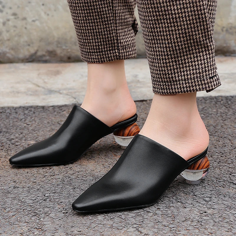 Women's Leather Pointed Toe Mules - Closed Toe - Sphere Heel - Slip-On Sandals