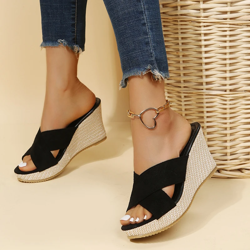 Women's Wedge Sandals with Cross Strap Slip-On and Espadrille Sole