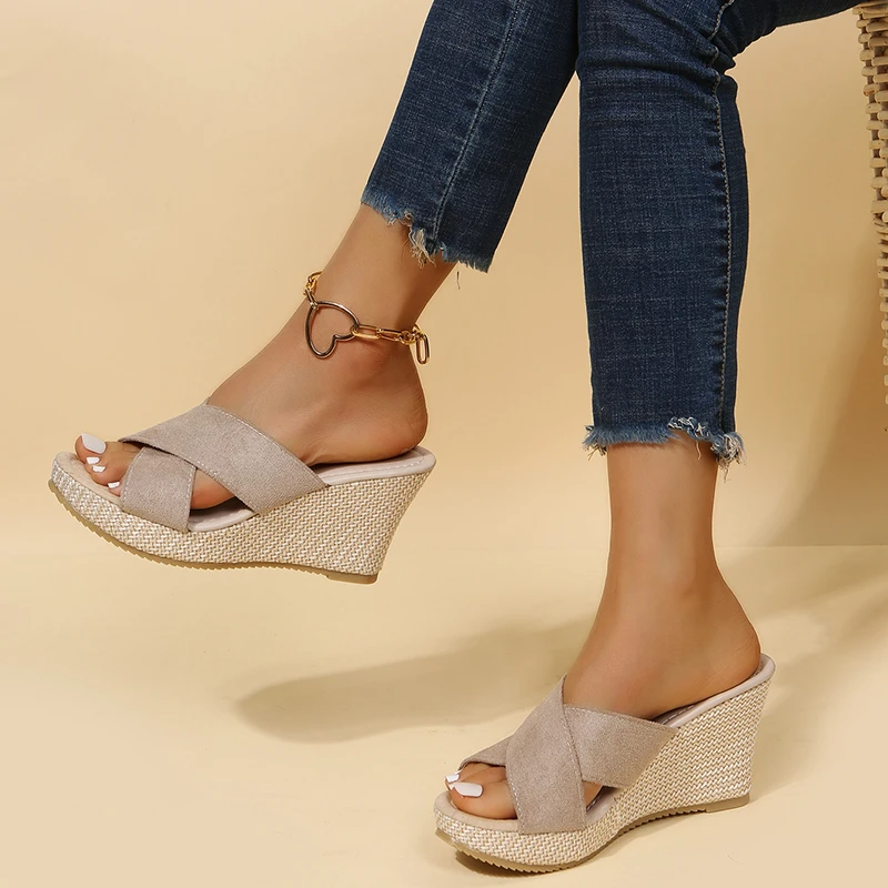 Women's Wedge Sandals with Cross Strap Slip-On and Espadrille Sole
