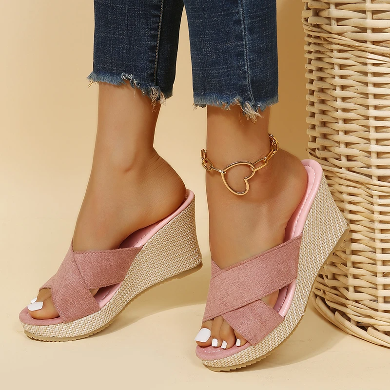 Women's Wedge Sandals with Cross Strap Slip-On and Espadrille Sole