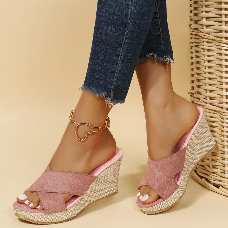 Women's Wedge Sandals with Cross Strap Slip-On and Espadrille Sole