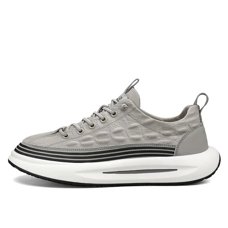 Men's Casual Sneakers - Lace-Up Embossed Upper Thick Cupsole Stripe Midsole