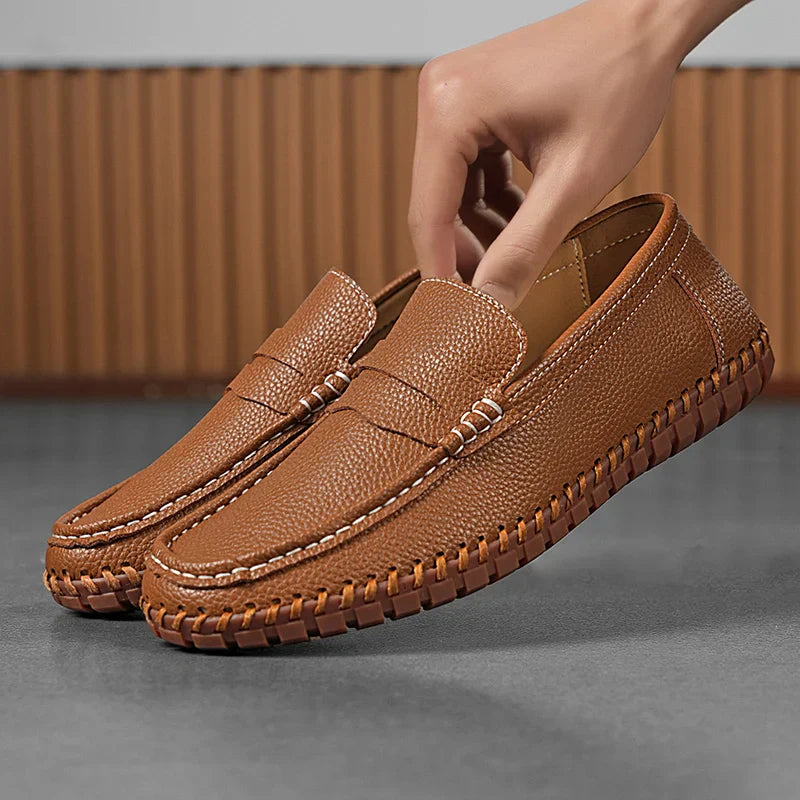 Men's Genuine Leather Penny Loafers - Hand-Stitched Slip-On