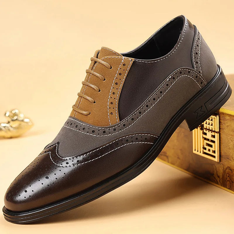 Men's Leather Wingtip Brogue Oxford Shoes - Lace-Up Rubber Sole