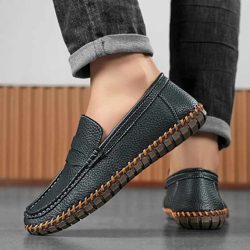 Men's Genuine Leather Penny Loafers - Hand-Stitched Slip-On