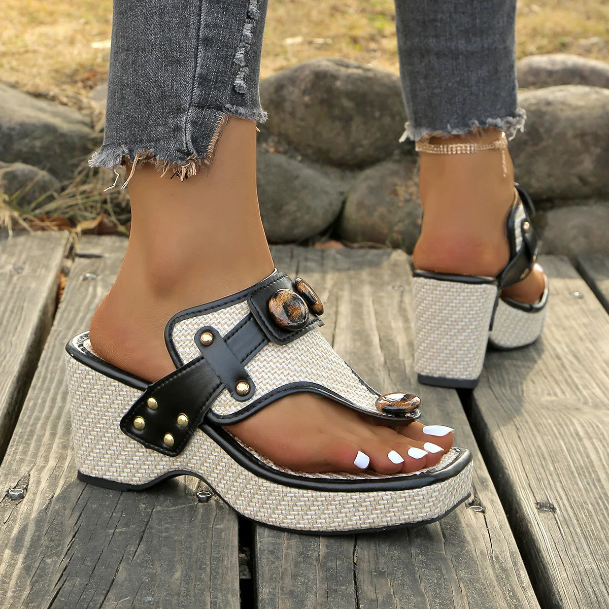 Women's Wedge Sandals - Open Toe Thong Slip-On with Platform Sole