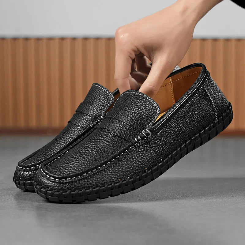 Men's Genuine Leather Penny Loafers - Hand-Stitched Slip-On