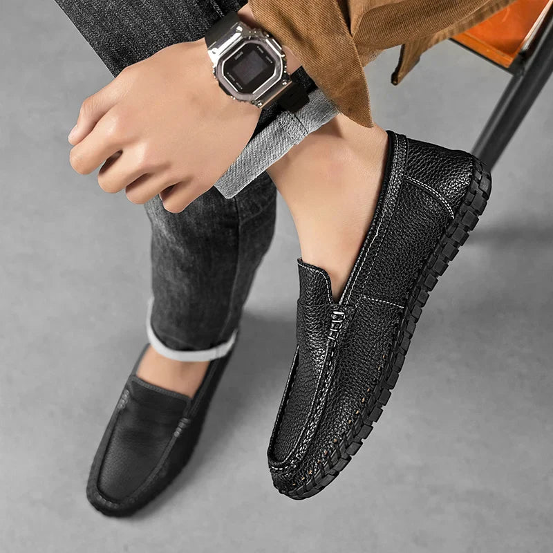 Men's Genuine Leather Penny Loafers - Hand-Stitched Slip-On