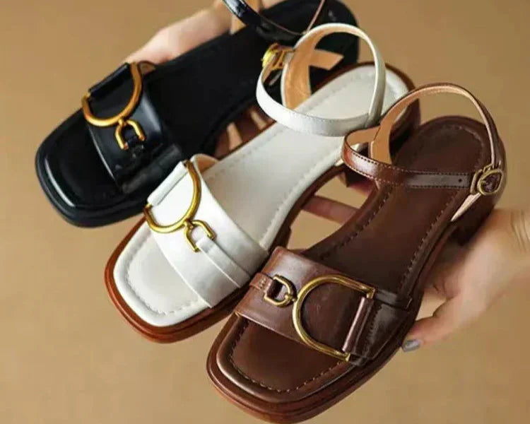 Women’s Open Toe Sandals with Buckle Strap and Metal Hardware