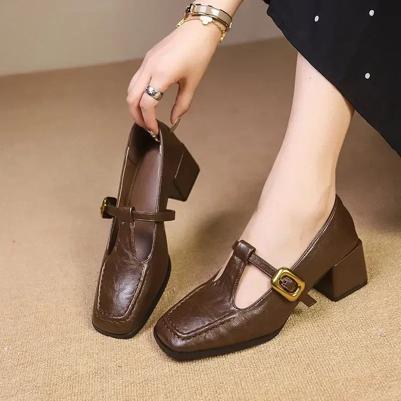 Women's Square Toe T-Bar Mary Jane Heels - Block Heel - Buckle