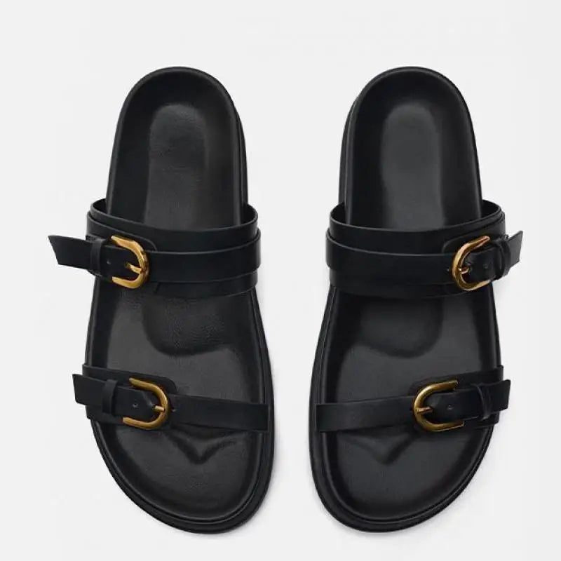Women's Slide Sandals with Dual Buckle Straps - Open Toe Flat Slide - Gold-Tone Hardware