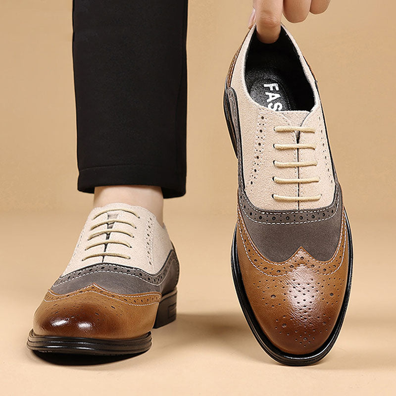 Men's Leather Wingtip Brogue Oxford Shoes - Lace-Up Rubber Sole
