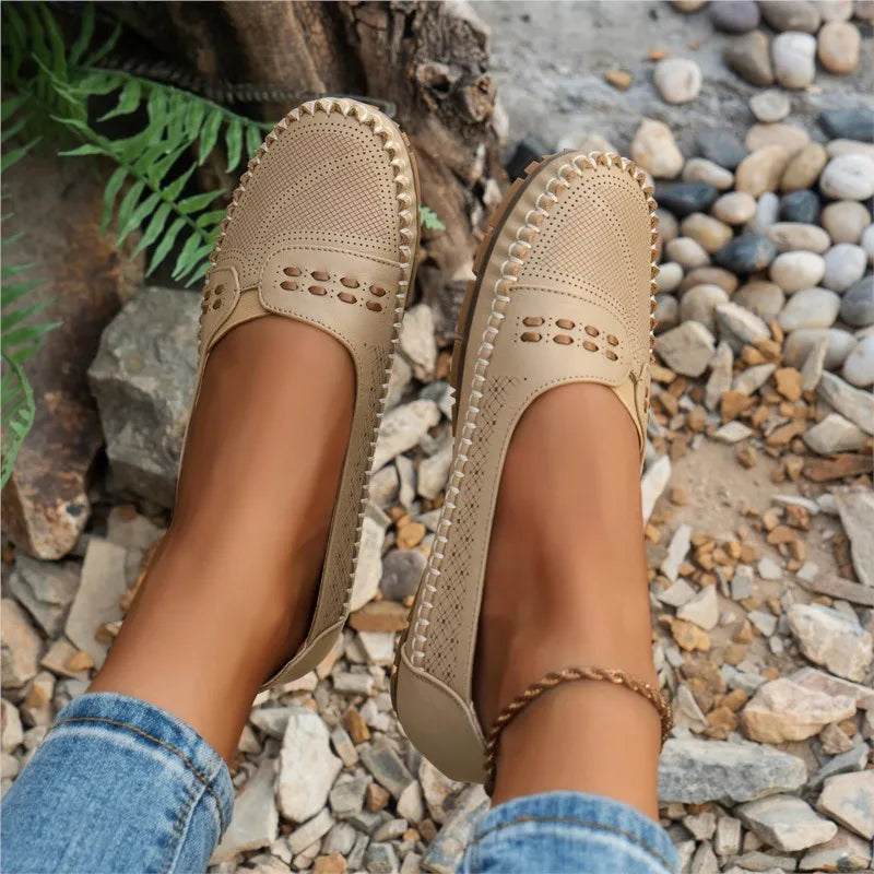 Women's Slip-On Loafer Flats - Round Toe - Perforated Upper - Lug Sole