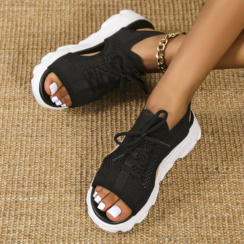 Women's Open-Toe Knit Mesh Lace-Up Platform Sandals