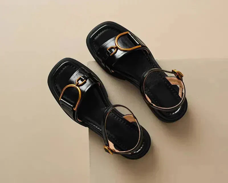 Women’s Open Toe Sandals with Buckle Strap and Metal Hardware
