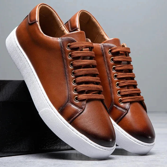 Men’s Faux Leather Low-Top Lace-Up Sneakers with White Rubber Sole