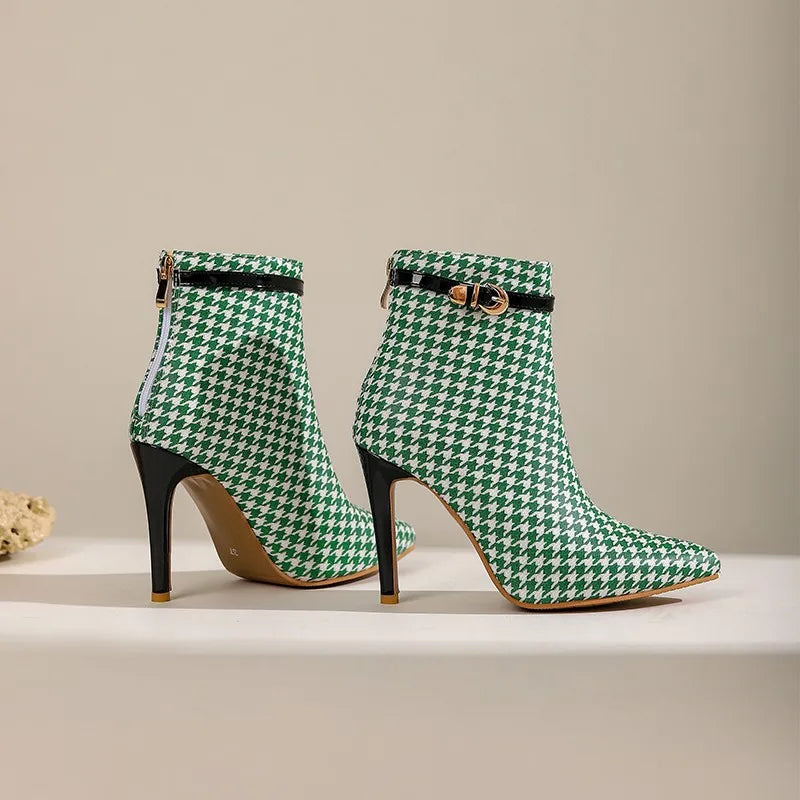 Women's Houndstooth Ankle Boots - Pointed Toe Stiletto Heels