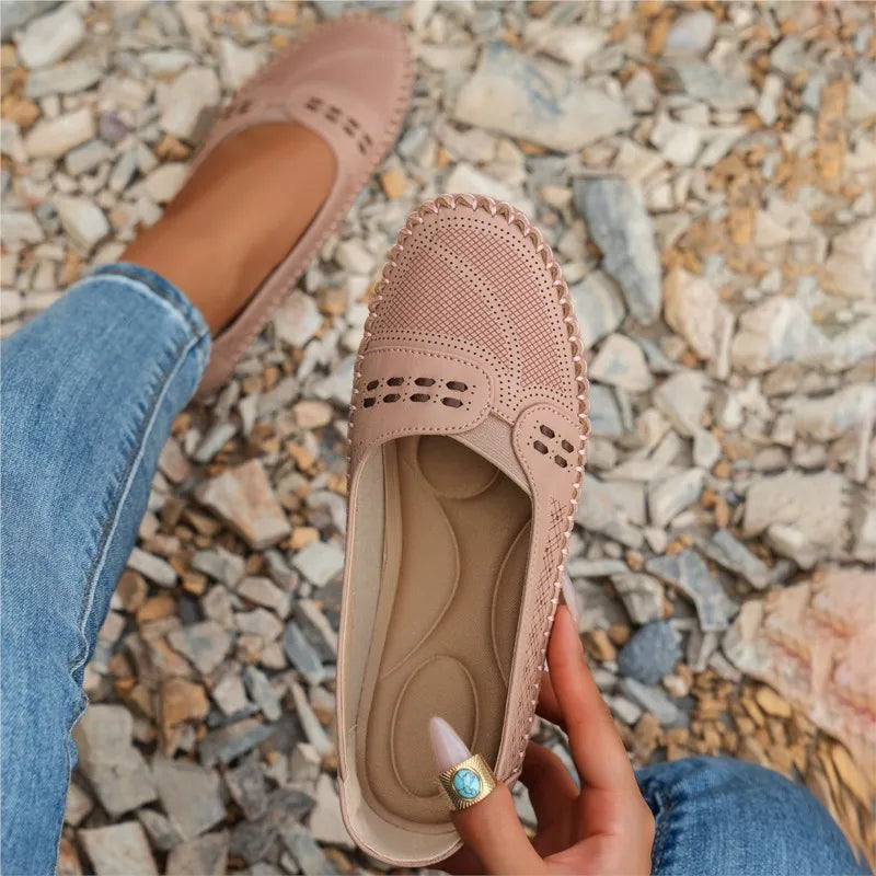 Women's Slip-On Loafer Flats - Round Toe - Perforated Upper - Lug Sole
