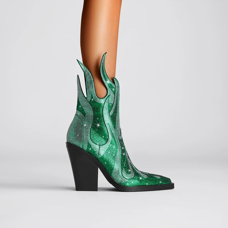 Women's Rhinestone Western Ankle Boots - Pointed Toe Block Heel