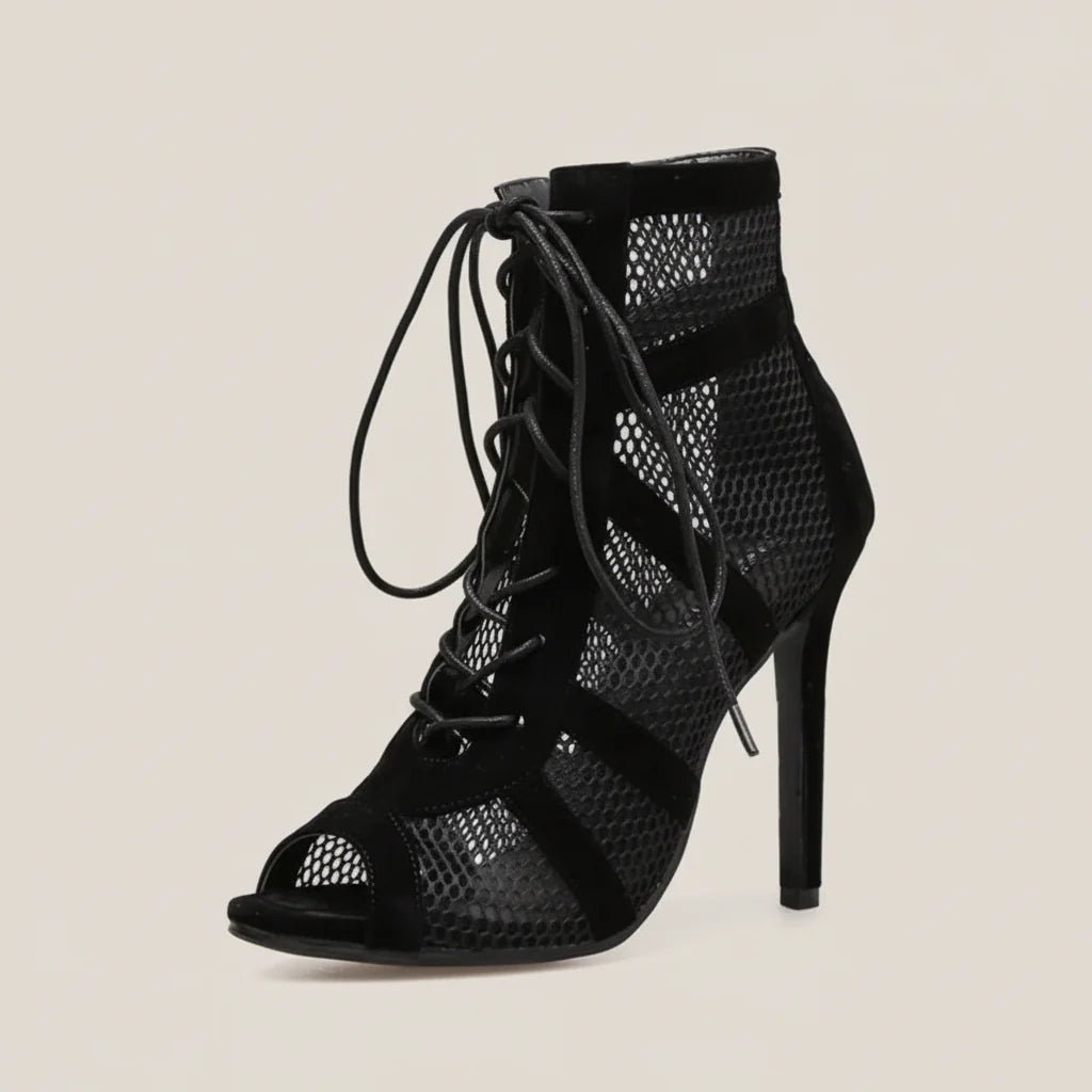 Women’s Open-Toe Lace-Up Ankle Boots with Mesh Panels and Stiletto Heel