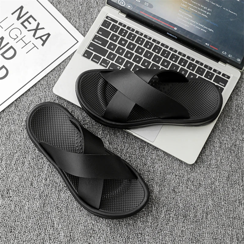 Men's Cross-Strap Slide Sandals - Open Toe - Flat Rubber Sole