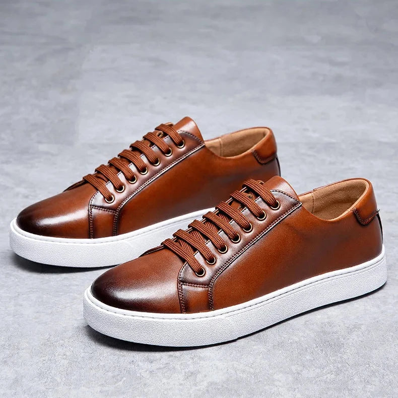 Men’s Faux Leather Low-Top Lace-Up Sneakers with White Rubber Sole