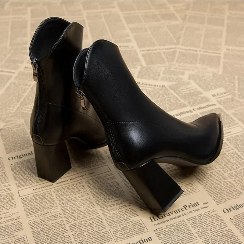 Women’s Ankle Boots with Pointed Toe, Block Heel, and Metallic Toe Detail