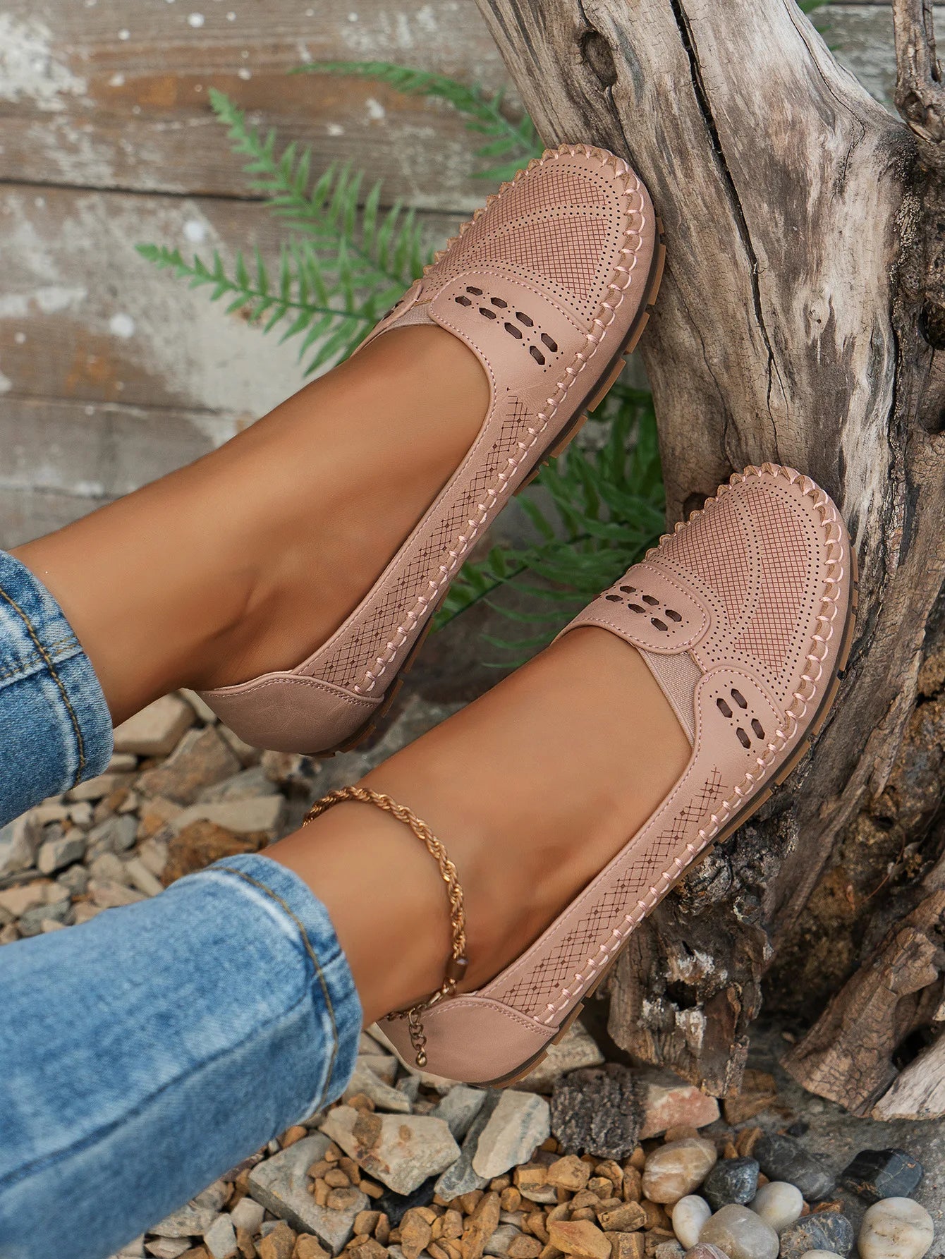 Women's Slip-On Loafer Flats - Round Toe - Perforated Upper - Lug Sole