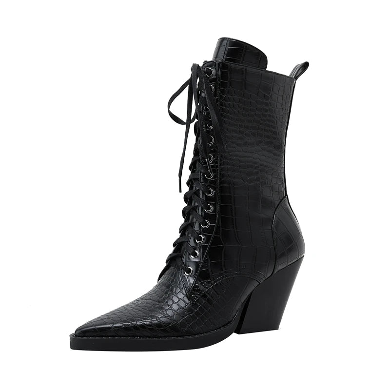 Women’s Faux-Leather Lace-Up Pointed-Toe Boots with Croc Texture and Block Heel