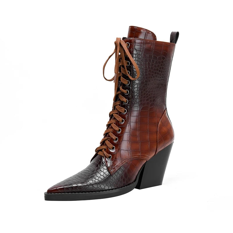 Women’s Faux-Leather Lace-Up Pointed-Toe Boots with Croc Texture and Block Heel