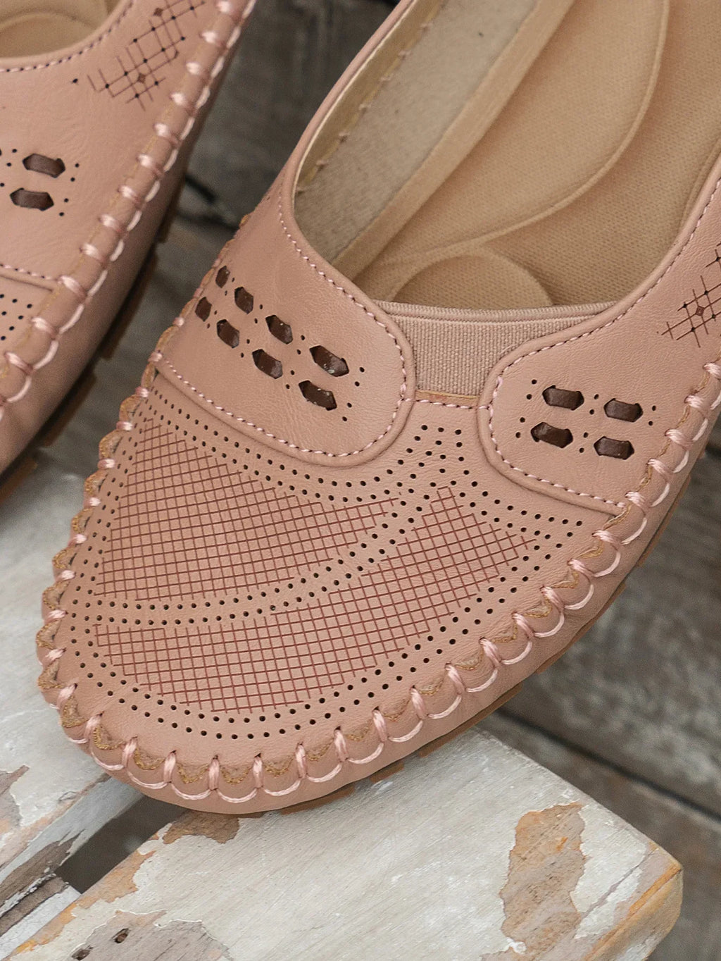 Women's Slip-On Loafer Flats - Round Toe - Perforated Upper - Lug Sole