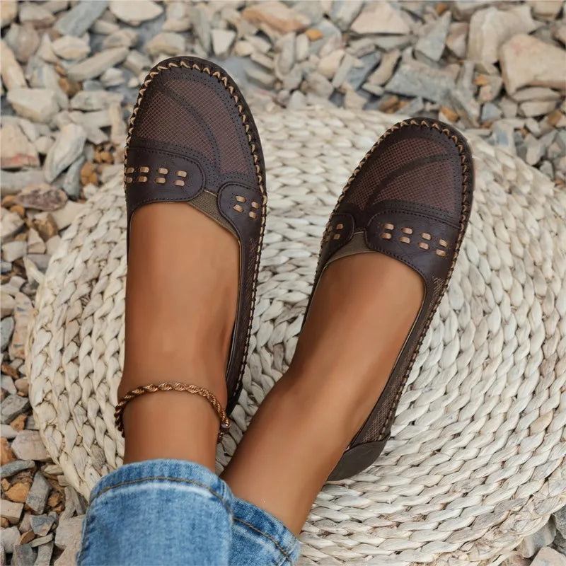 Women's Slip-On Loafer Flats - Round Toe - Perforated Upper - Lug Sole