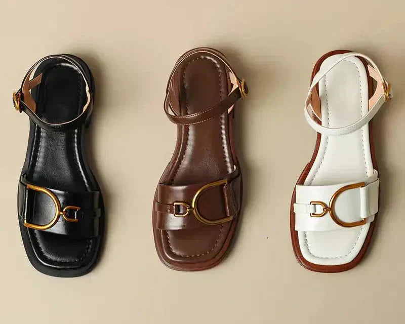 Women’s Open Toe Sandals with Buckle Strap and Metal Hardware