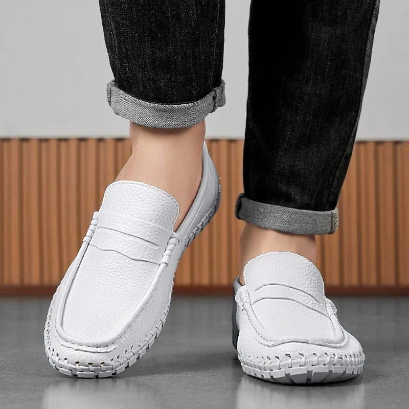 Men's Genuine Leather Penny Loafers - Hand-Stitched Slip-On