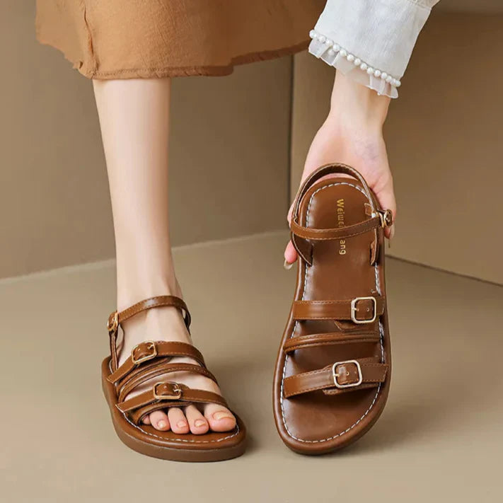 Women’s Flat Leather Sandals with Multi-Strap Buckle Design and Open Toe