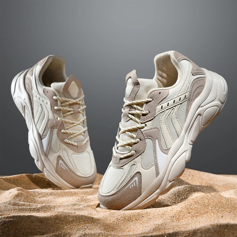 Men's Chunky Sneakers - Low Top - Lace-Up - Mesh and Suede Upper - Thick Sole
