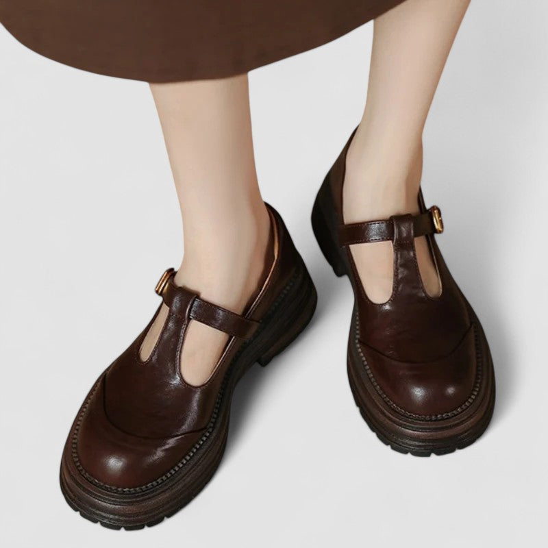 Women's Leather Mary Jane T-Bar Buckle Platform Heels
