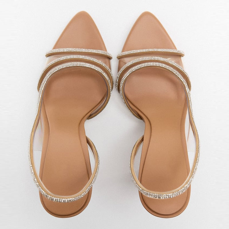 Women's Rhinestone Strap High Heel Slingback Sandals - Pointed Toe