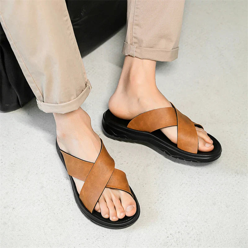 Men's Cross-Strap Slide Sandals - Open Toe - Flat Rubber Sole