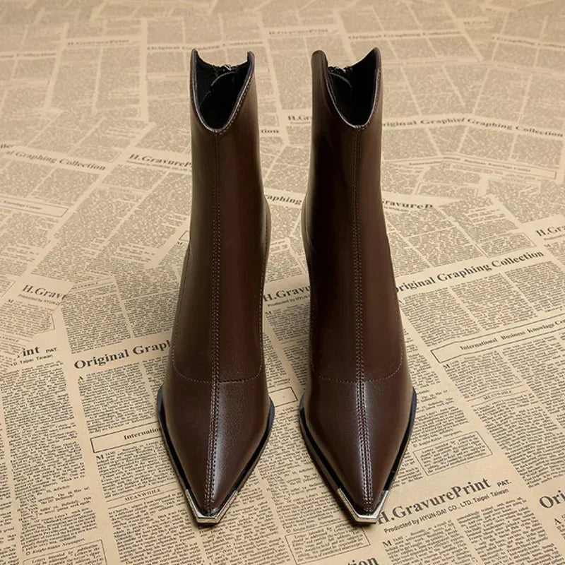 Women’s Ankle Boots with Pointed Toe, Block Heel, and Metallic Toe Detail