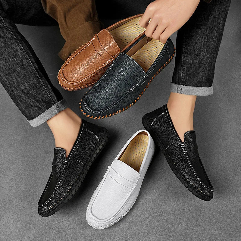 Men's Genuine Leather Penny Loafers - Hand-Stitched Slip-On