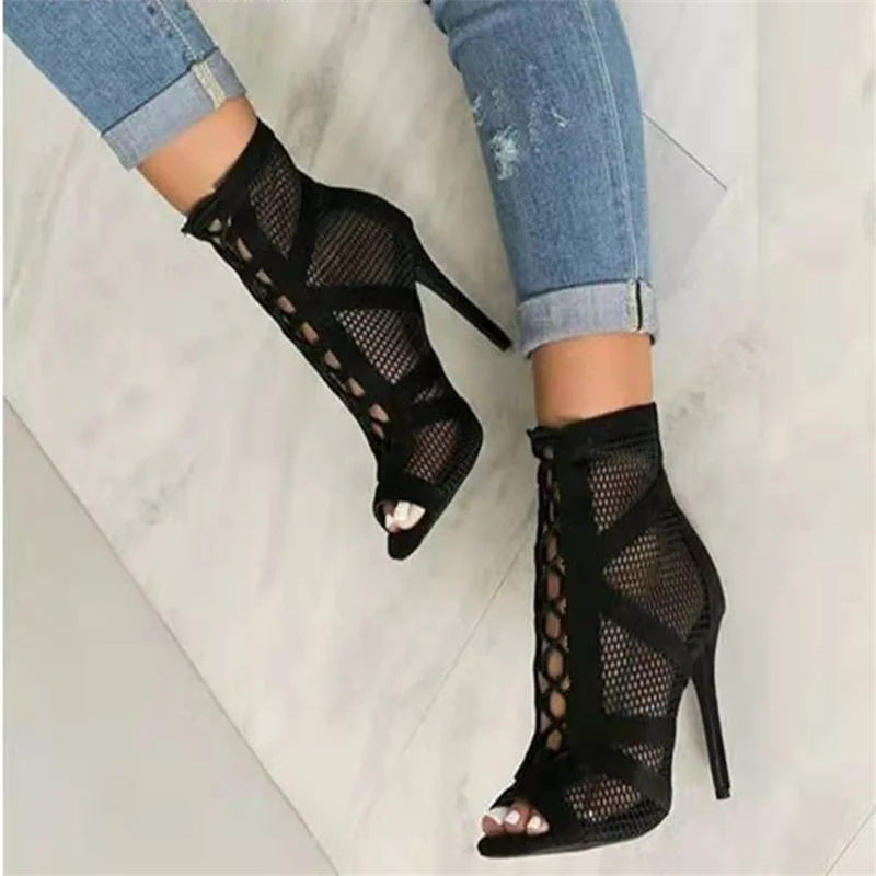 Women’s Open-Toe Lace-Up Ankle Boots with Mesh Panels and Stiletto Heel