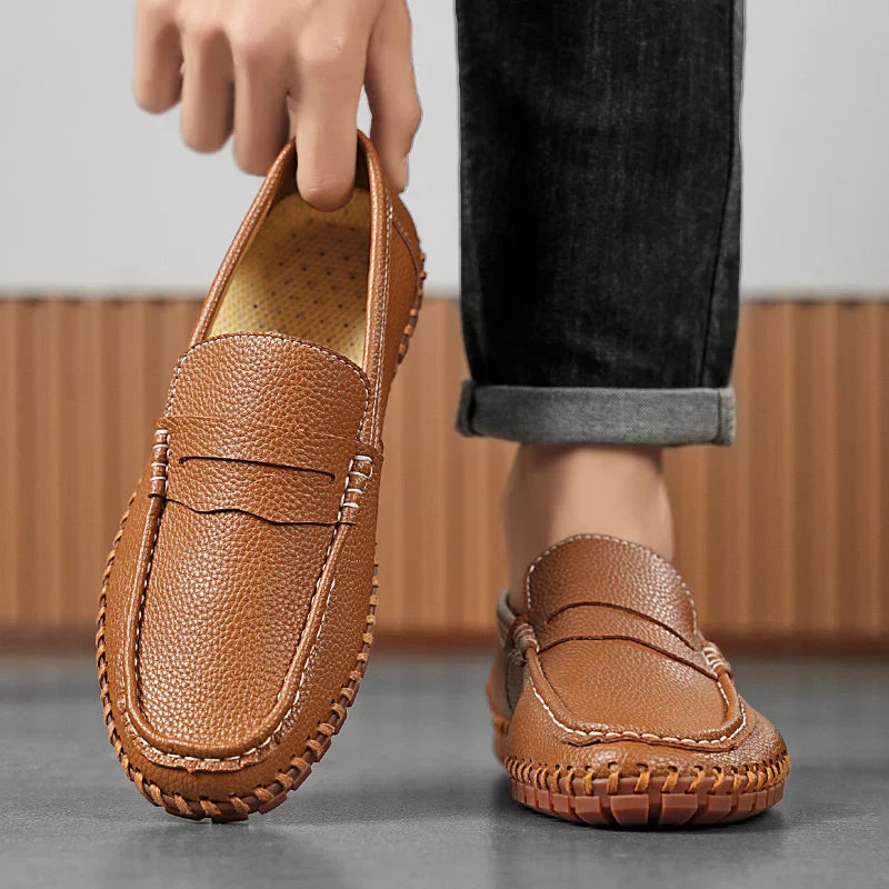 Men's Genuine Leather Penny Loafers - Hand-Stitched Slip-On
