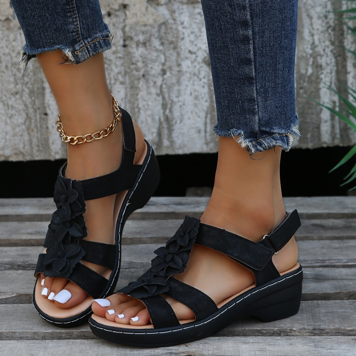 Women’s Open-Toe Sandals with Slingback Strap, Floral Upper Detail, and Wedge Sole