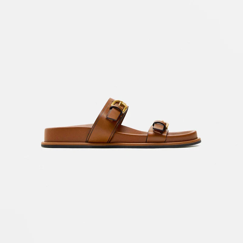 Women's Slide Sandals with Dual Buckle Straps - Open Toe Flat Slide - Gold-Tone Hardware