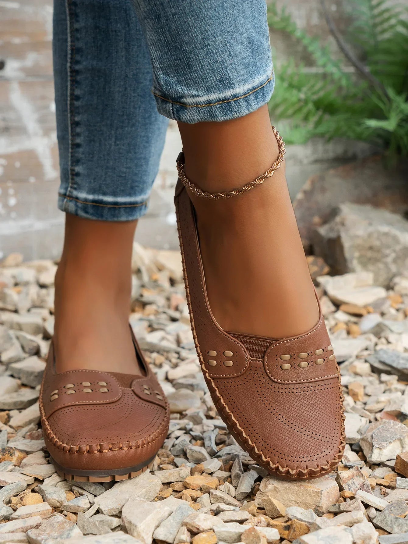Women's Slip-On Loafer Flats - Round Toe - Perforated Upper - Lug Sole