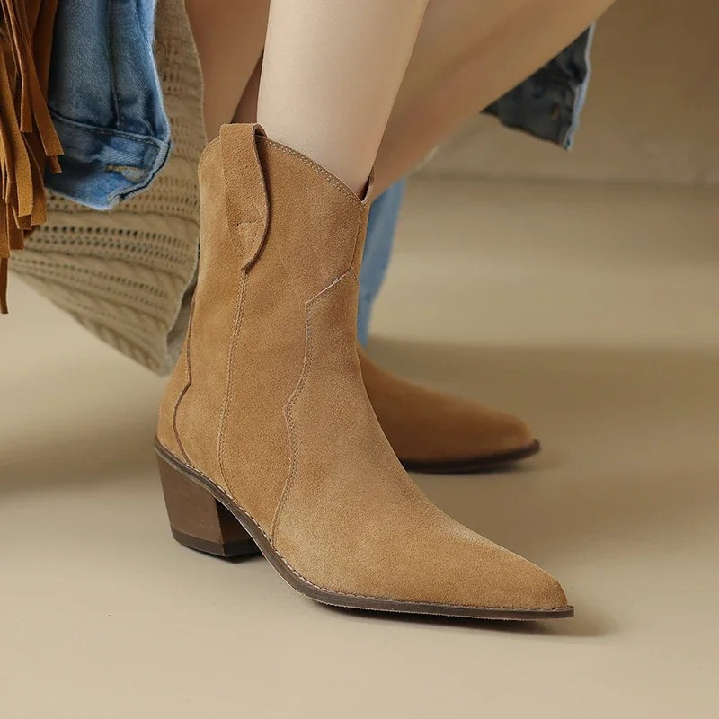 Women's Suede Cowgirl Boots - Pointed Toe Western Ankle Boots - Mid Block Heel - Pull-On